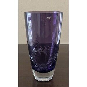 Vtg Krosno Amethyst Etched Leaves Art Glass Vase w/original Label 9.75"